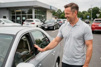 Homme satisfait inspectant une voiture d'occasion argent dans un parking de concessionnaire Transakauto