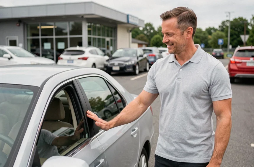 Homme satisfait inspectant une voiture d'occasion argent dans un parking de concessionnaire Transakauto