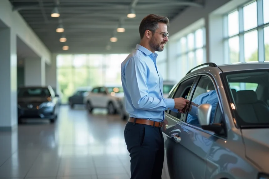 Homme examinant une voiture neuve dans une concession automobile moderne