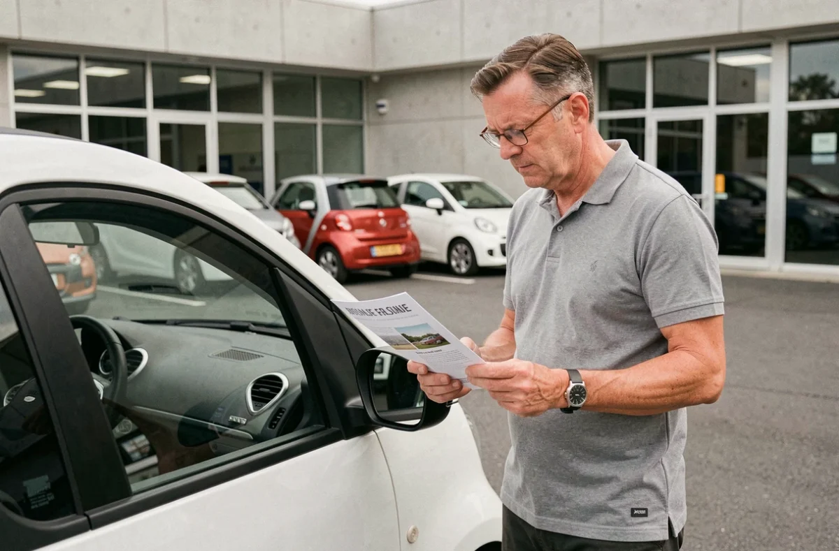 Homme adulte examinant une voiture sans permis dans un showroom automobile
