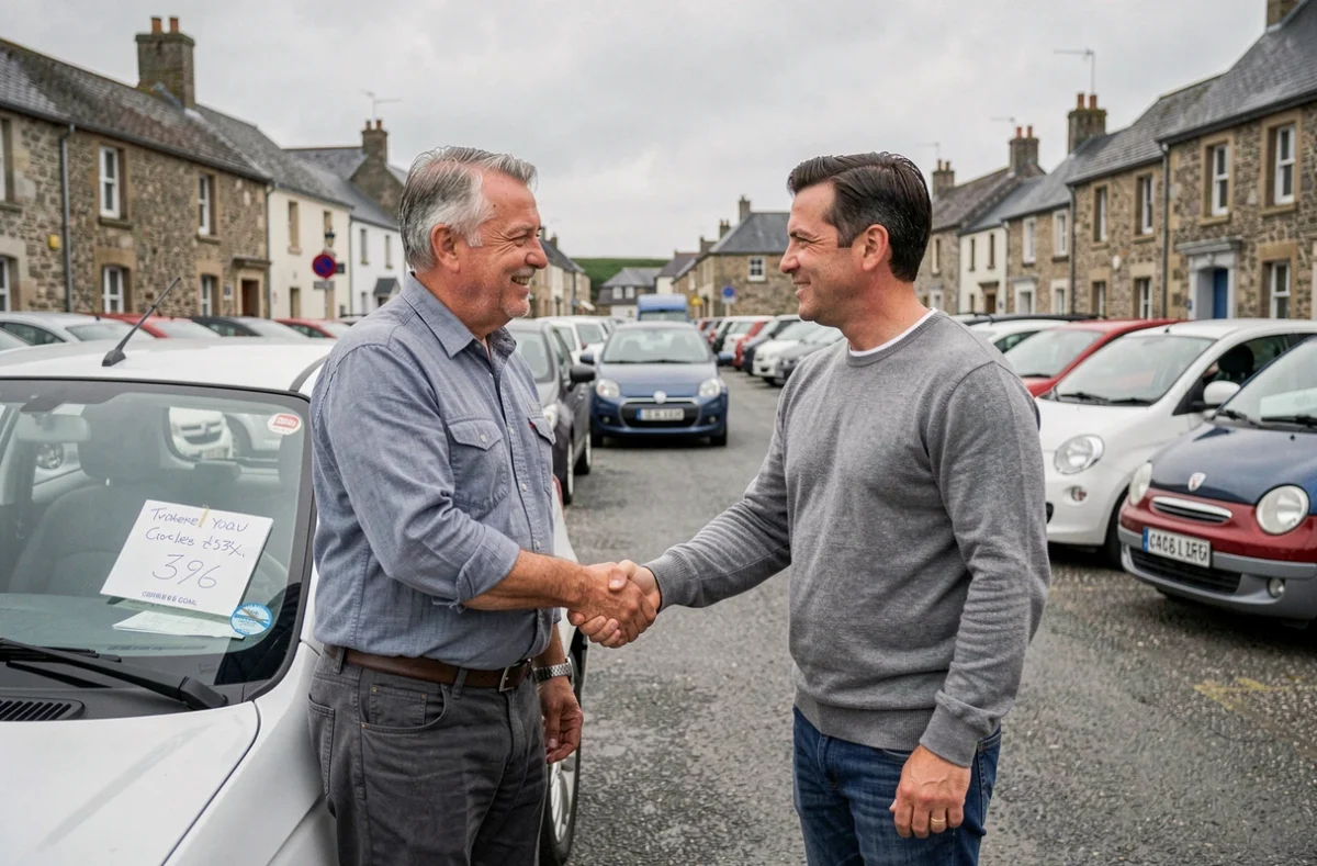 Acheteur et vendeur concluant un accord pour une voiture sans permis d'occasion dans un marché automobile breton