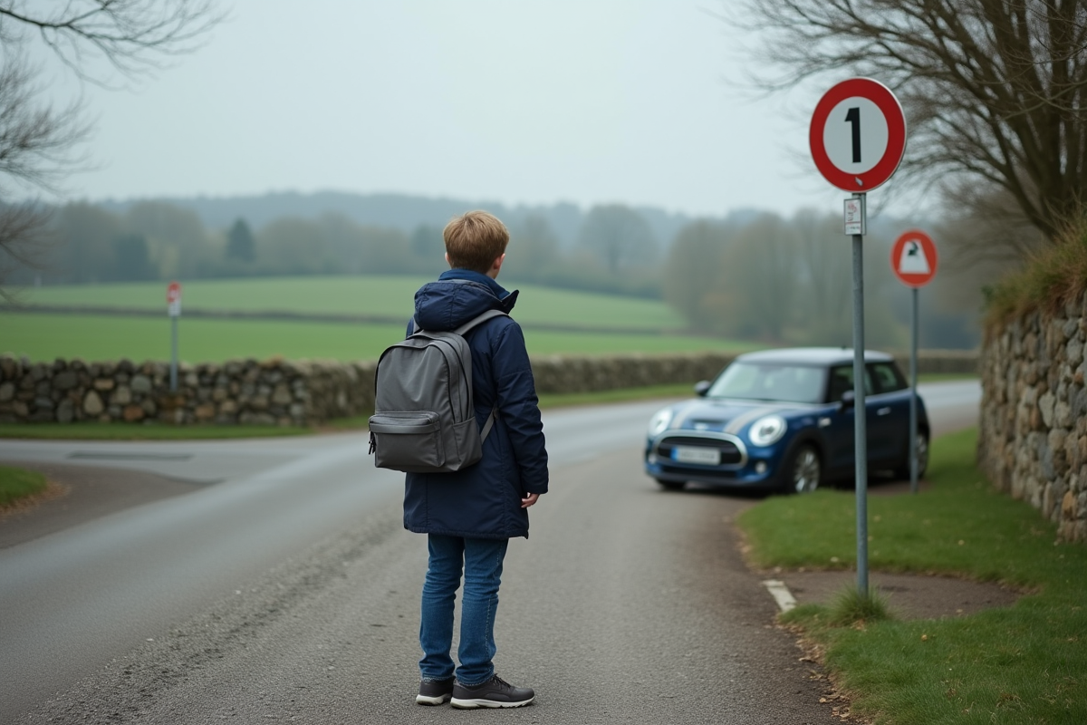 Adolescent vérifiant des panneaux de signalisation dans un cadre rural