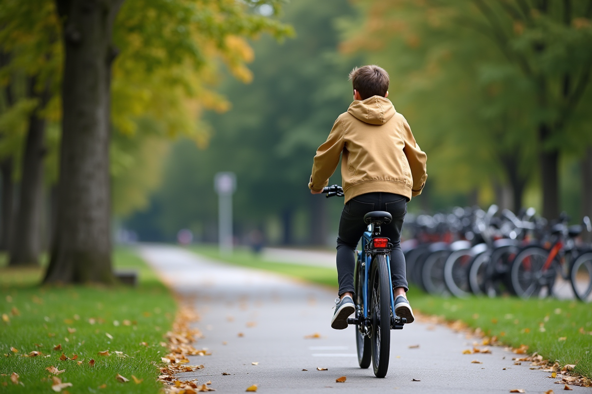 Adolescent à vélo électrique dans un parc urbain en France