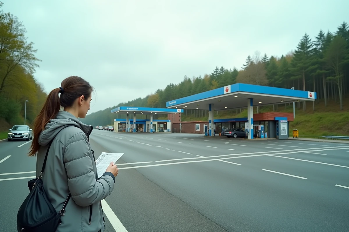 Aire de services sur autoroute française avec signalisation bleue et voyageur consultant une carte routière