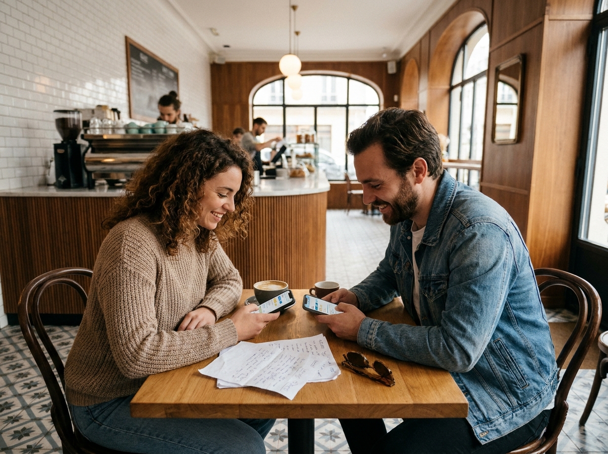 Deux amis comparant des avis d'auto-écoles sur leurs smartphones attablés dans un café