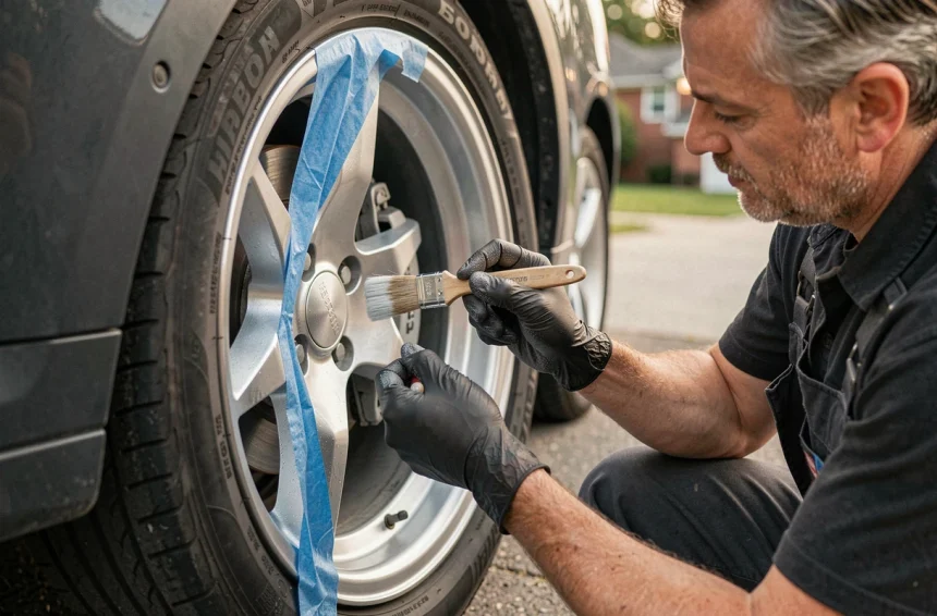 Homme appliquant de la peinture aluminium sur une jante sans démonter la roue avec un pinceau de précision