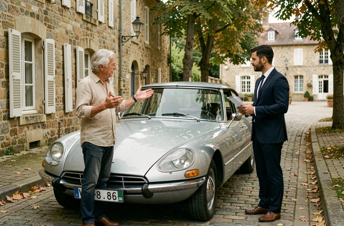 Propriétaire d'une Citroën DS classique discutant d'un devis d'assurance auto avec un agent dans une rue de village français