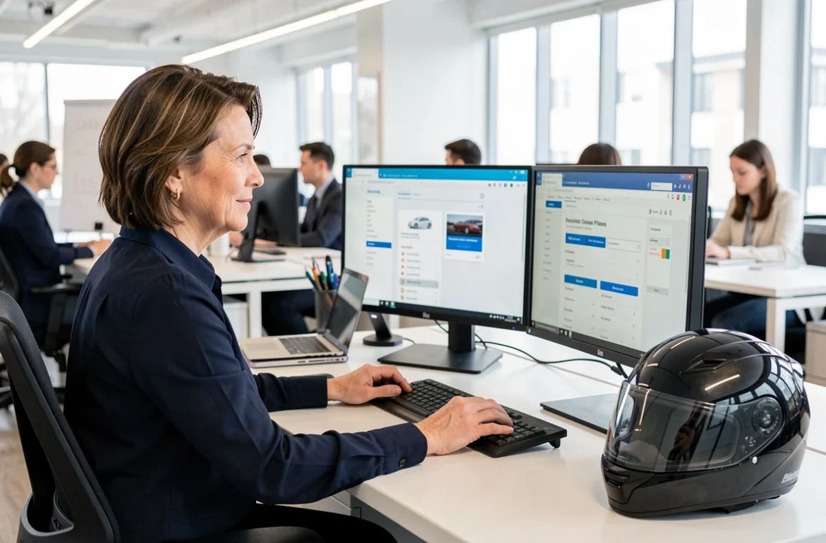 Femme cadre comparant des offres d'assurance scooter en ligne au bureau