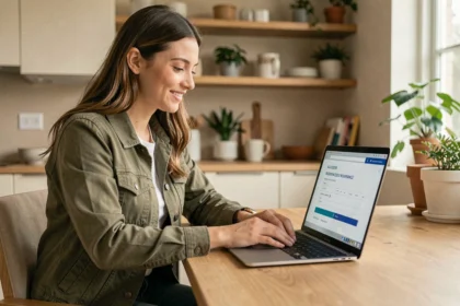 Jeune femme souscrivant une assurance scooter en ligne depuis son appartement
