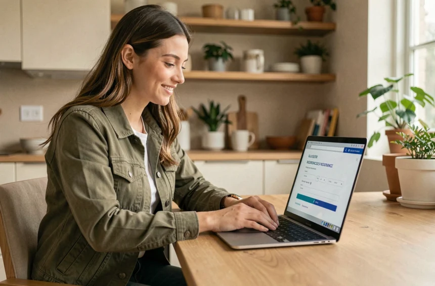 Jeune femme souscrivant une assurance scooter en ligne depuis son appartement