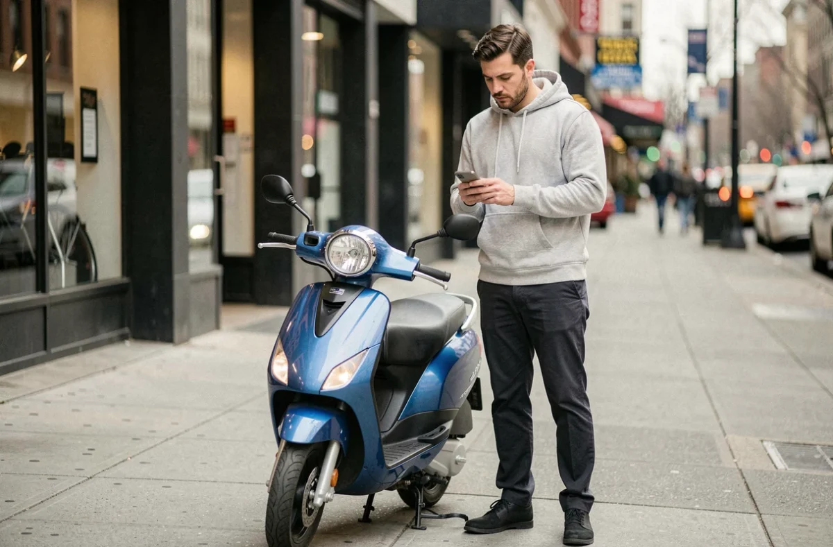 Homme consultant son smartphone pour assurer son scooter en ligne dans la rue