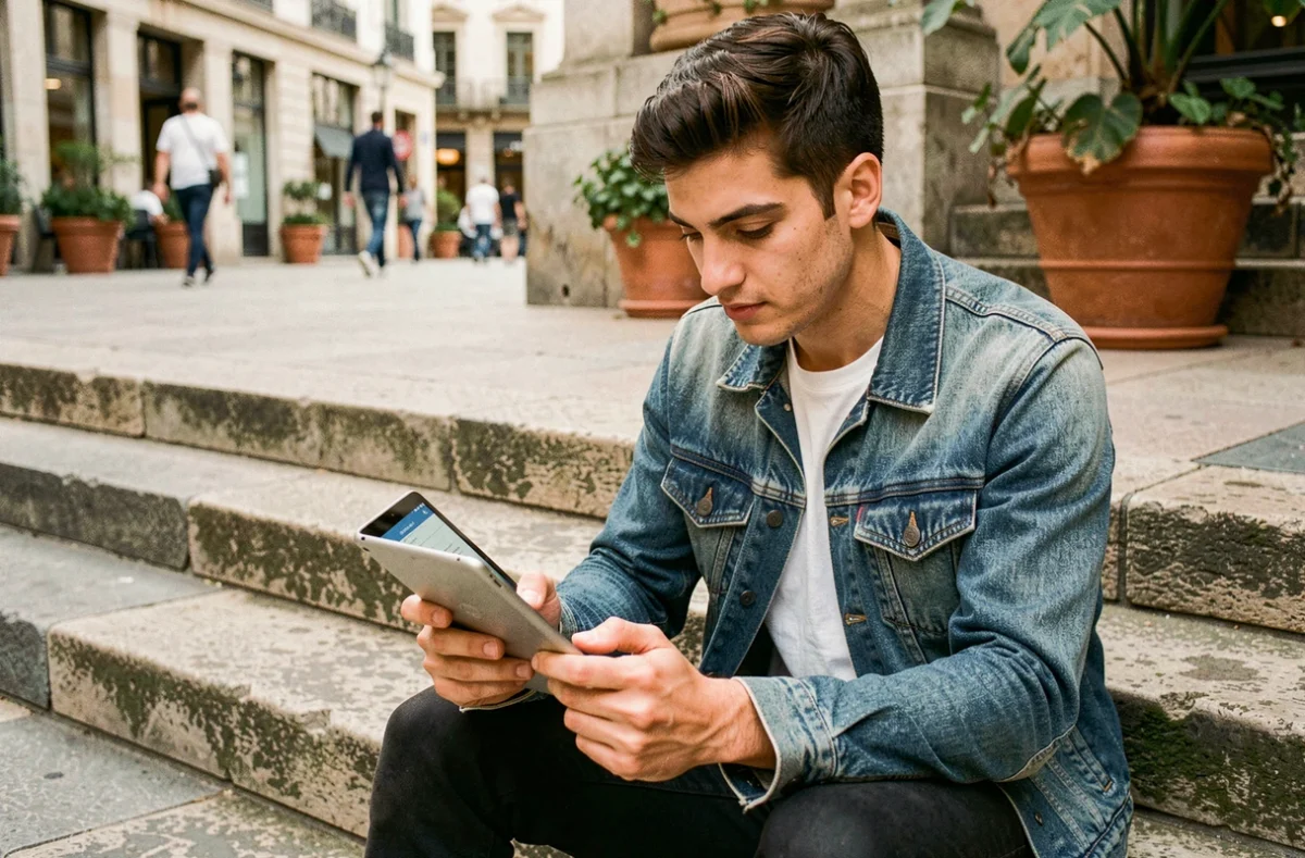 Jeune homme souscrivant une assurance scooter immédiate en ligne depuis une tablette en extérieur