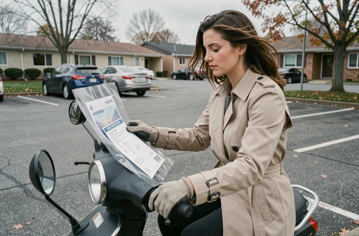 Femme plaçant son attestation d'assurance dans la pochette du tableau de bord de son scooter