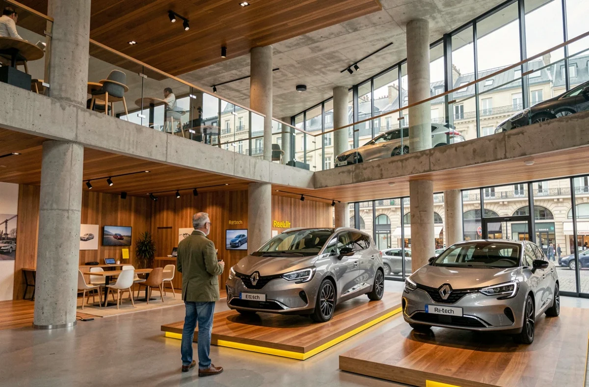 Espace multifonction Atelier Renault sur les Champs-Élysées avec modèles électriques exposés
