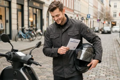 Jeune homme sortant son attestation d'assurance scooter de sa veste sur un trottoir urbain