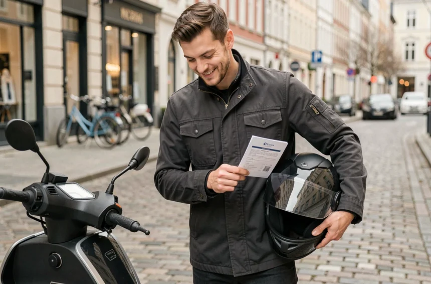 Jeune homme sortant son attestation d'assurance scooter de sa veste sur un trottoir urbain