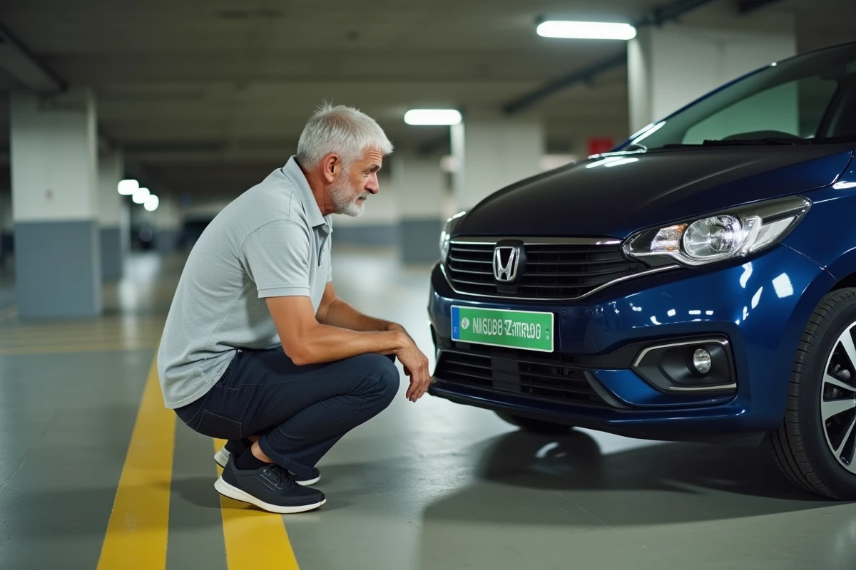 Homme examinant une plaque verte sur une voiture bleue dans un parking souterrain en France