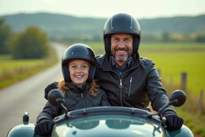 Homme d'âge moyen et jeune fille en moto dans un sidecar rural