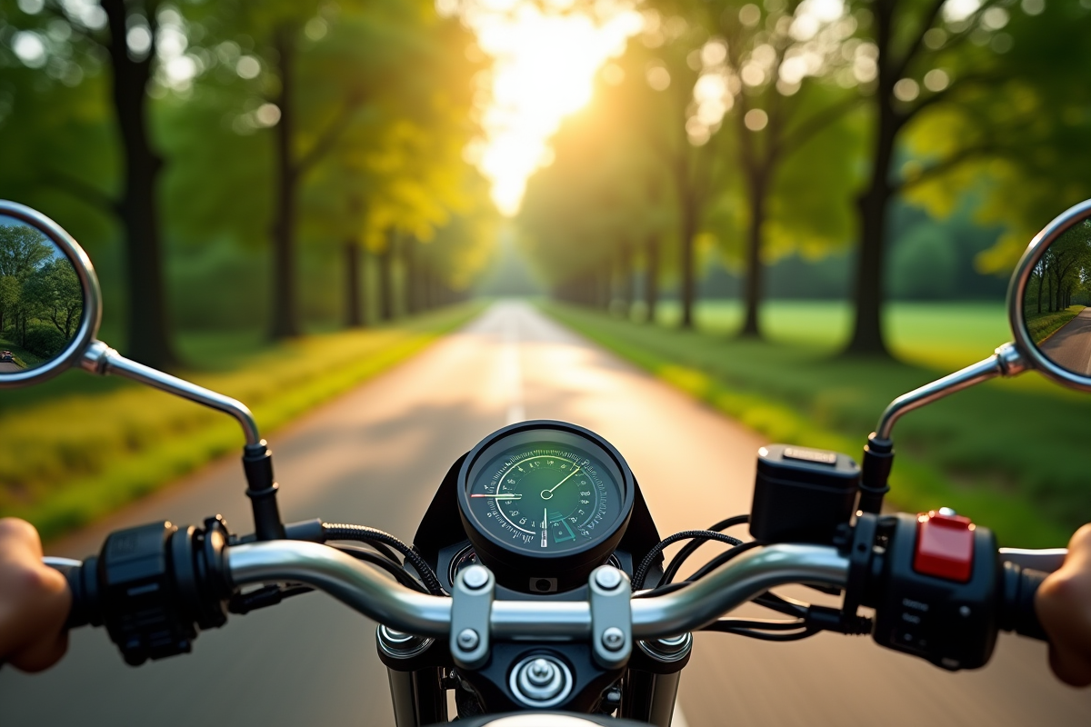 Motard roulant dans la campagne avec indicateur écologique