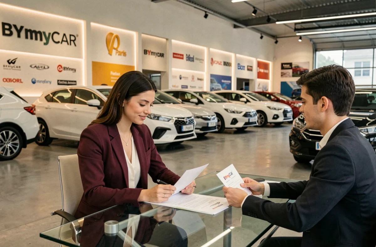 Intérieur du concessionnaire BYmyCAR Paris avec conseillère et client à un bureau en verre