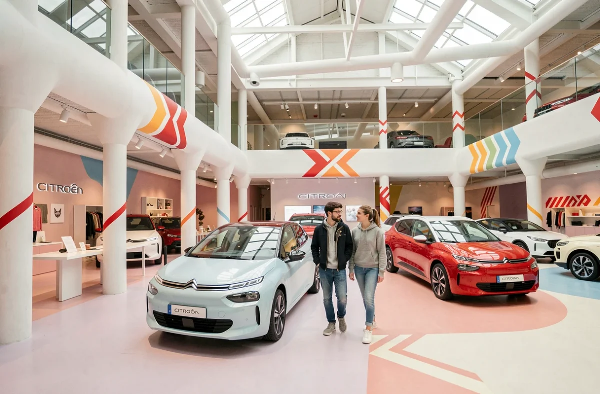 Intérieur du concept store C42 Citroën à Paris avec architecture blanche et modèles exposés
