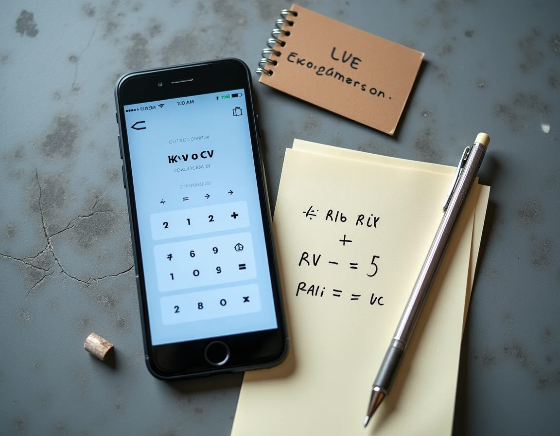 Calculatrice de conversion kW en CV sur smartphone posée avec une carte grise et des notes manuscrites