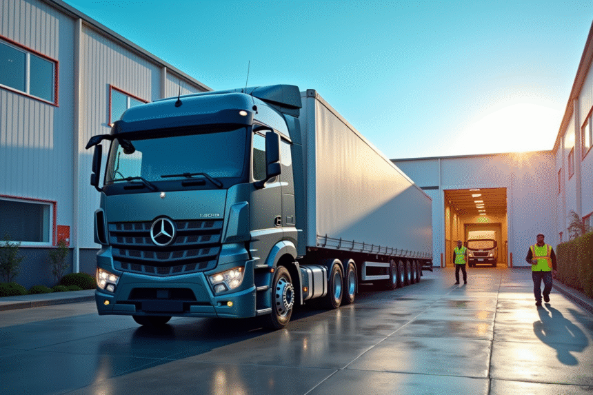 Camion 12 tonnes dans un entrepôt moderne avec ouvriers