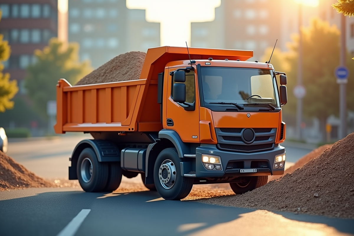 Camion benne déchargeant du gravier dans la rue urbaine