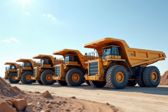 Plusieurs camions bennes de tailles variées sur un chantier