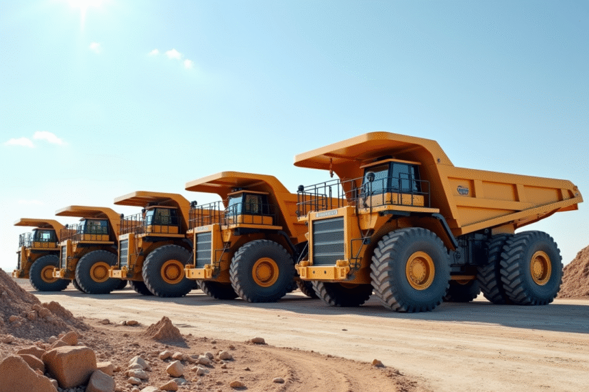Plusieurs camions bennes de tailles variées sur un chantier