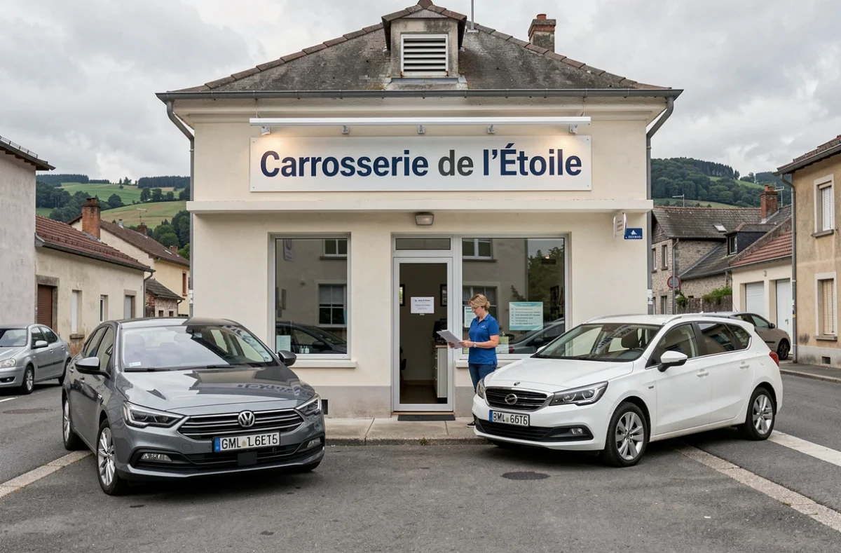 Façade extérieure de la Carrosserie de l'Étoile en Isère avec des véhicules réparés garés devant l'atelier