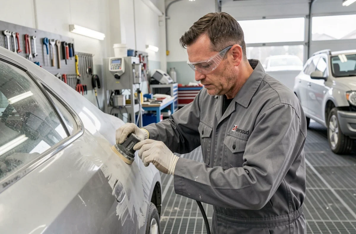 Technicien de la Carrosserie du Versoud ponçant une portière de voiture dans un atelier de réparation automobile près de Grenoble