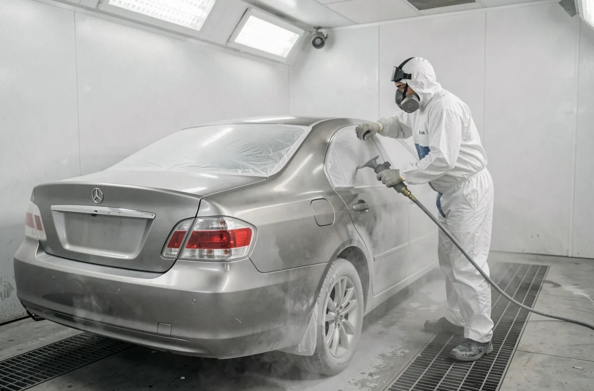 Carrossier de Carrosserie Guillon en combinaison blanche appliquant de la peinture métallique sur une berline dans une cabine de peinture professionnelle