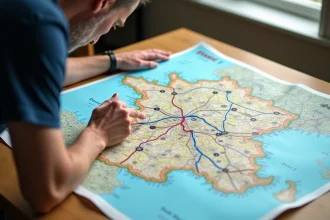 Homme consultant une carte routière détaillée des autoroutes de France avec sorties et aires de repos
