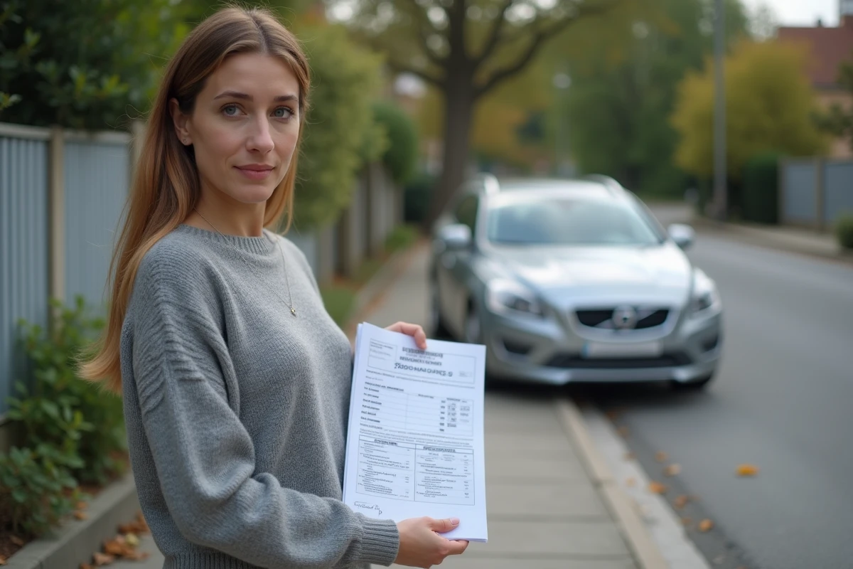 Une femme tenant une carte grise barrée devant une voiture lors d'une vente de véhicule d'occasion