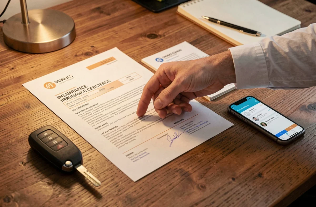 Gros plan d'un certificat d'assurance auto, clé de voiture et documents d'entreprise sur un bureau en bois