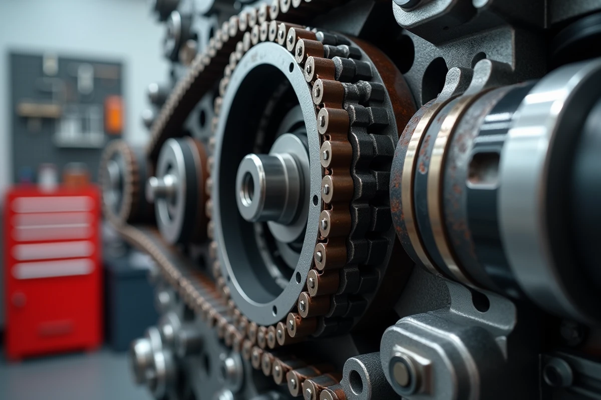Gros plan sur la chaîne de distribution du moteur BMW B47 partiellement démonté en atelier