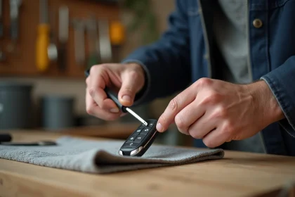 Mains masculines ouvrant une télécommande de clé Renault Clio 4 avec un tournevis plat sur un établi en bois
