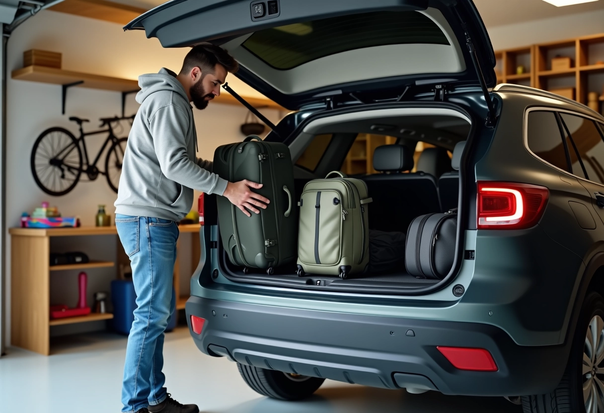 Parent chargeant valises dans le coffre du SUV familial