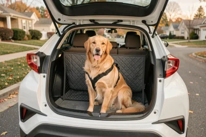 Chien golden retriever dans le coffre d'un Toyota C-HR avec filet de séparation et tapis de protection