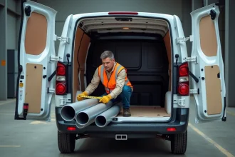 Travailleur mesurant des tubes en aluminium dépassant du coffre d'un Citroën Dispatch L1H1 dans un entrepôt industriel