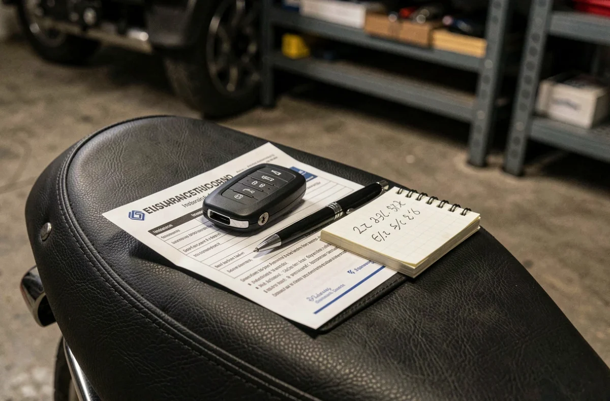 Clé de moto et certificat d'assurance posés sur une selle en cuir, symbolisant la recherche d'assurance moto économique