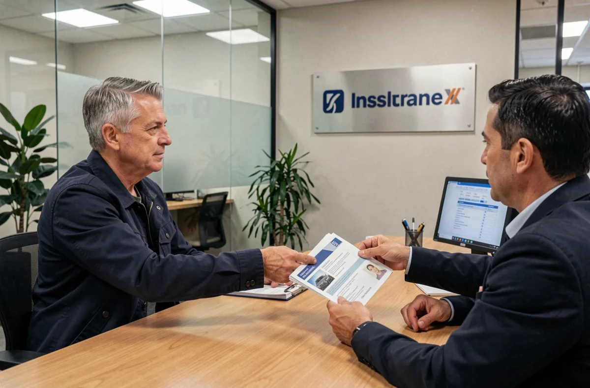 Client remettant ses documents à un agent d'assurance lors de la souscription d'une assurance voiture