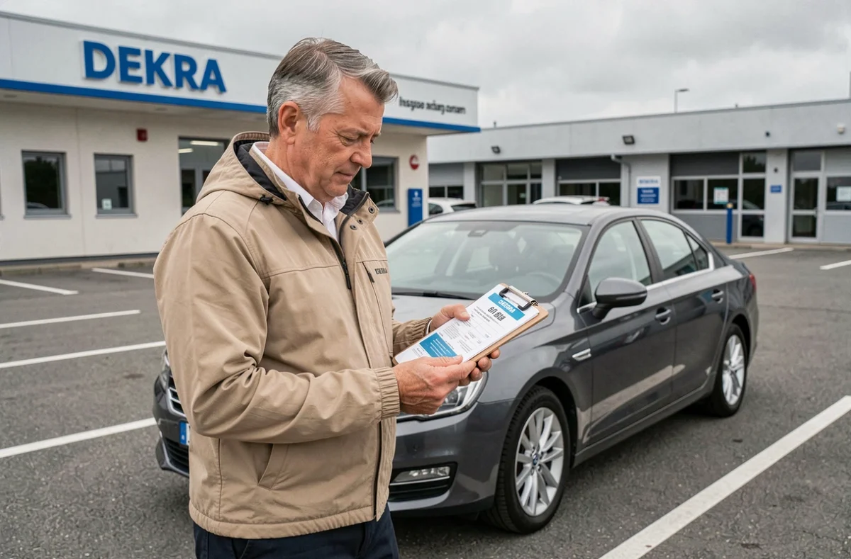 Client comparant les prix et offres promotionnelles pour un contrôle technique DEKRA dans un parking de centre agréé
