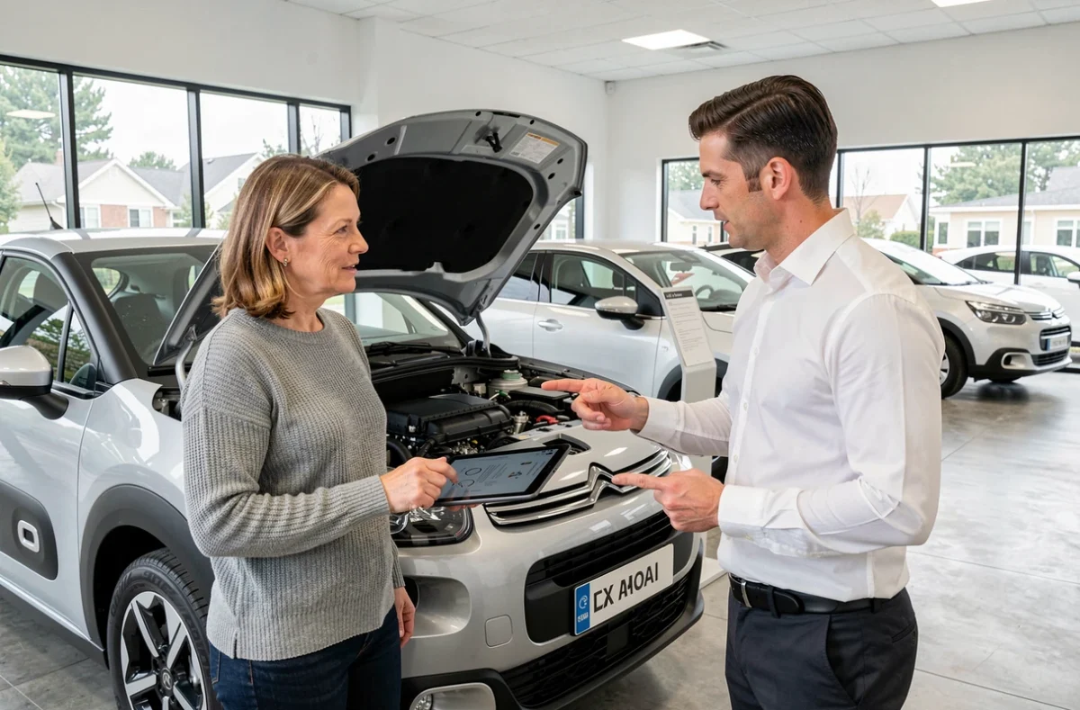 Cliente et conseiller discutant d'une alternative au moteur PureTech dans une concession automobile moderne