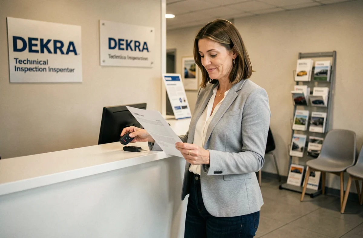 Cliente satisfaite consultant son rapport de contrôle technique dans un centre DEKRA moderne