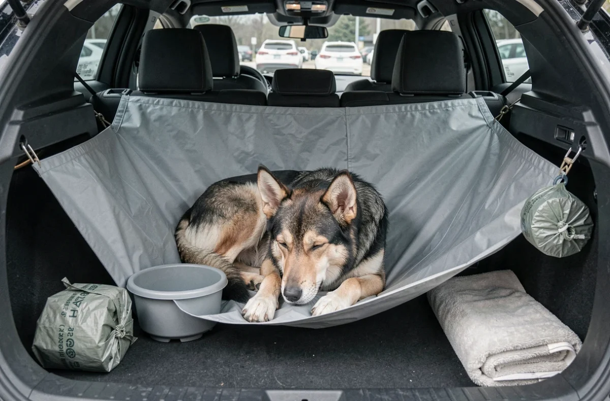 Coffre de Toyota C-HR aménagé pour chien avec housse imperméable, gamelle pliable et accessoires de transport
