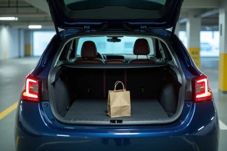 Coffre de la Peugeot 308 ouvert dans un parking, montrant la capacité et l'organisation du volume de chargement