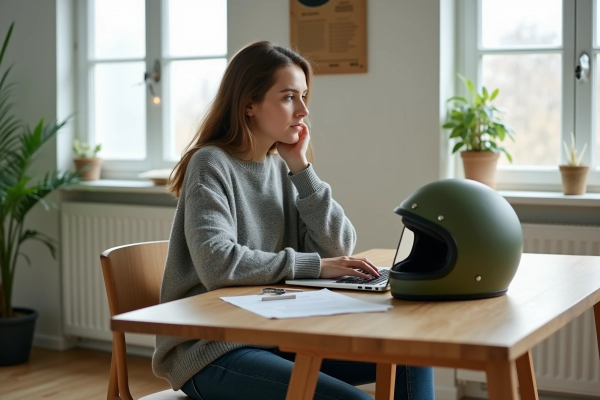 Femme comparant des offres d'assurance moto cafe racer sur ordinateur portable avec un casque vintage posé sur la table