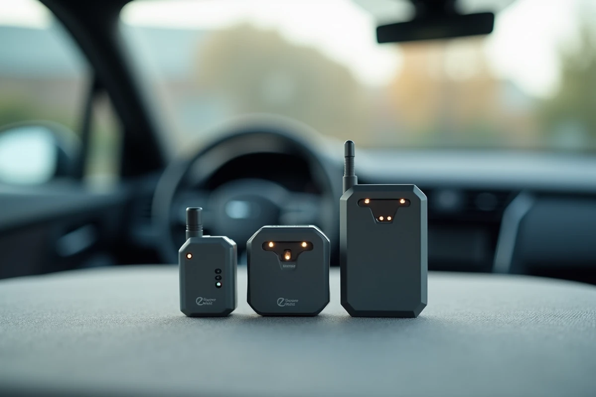 Comparaison de plusieurs détecteurs de traceurs GPS posés sur tissu gris dans un habitacle de voiture